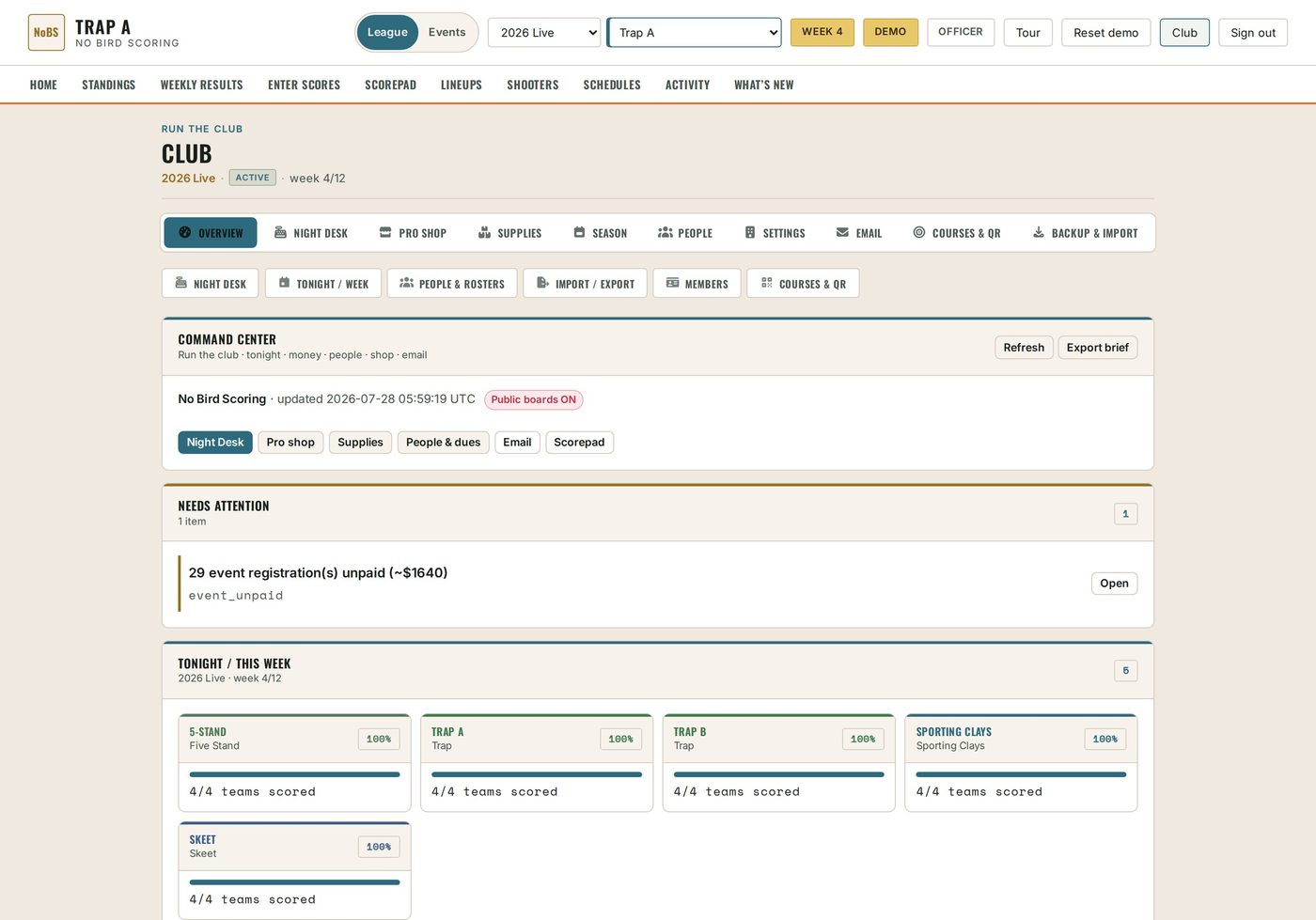 Club admin overview with export paths