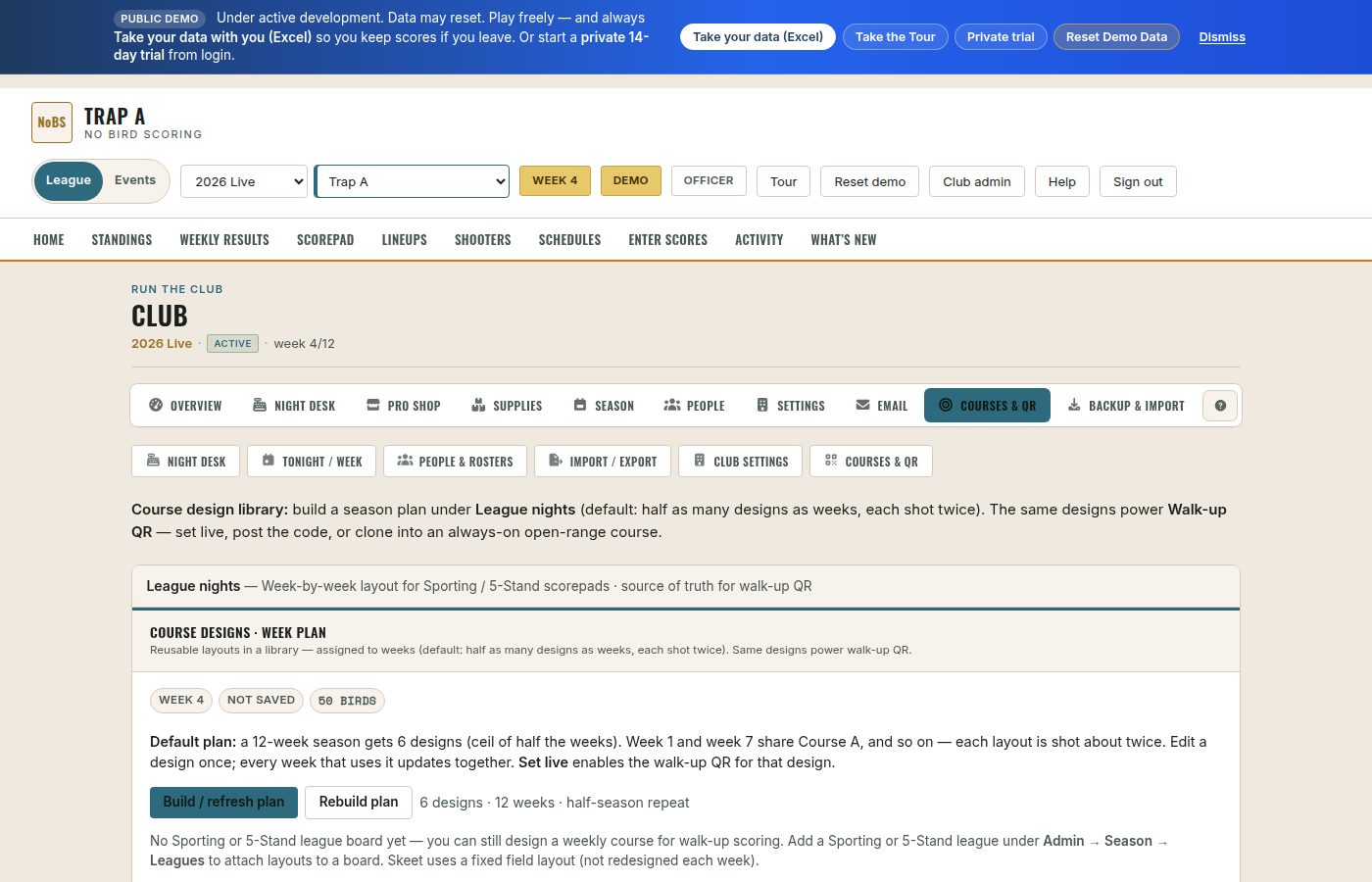 Club admin Courses and QR — weekly course design library for sporting and 5-stand