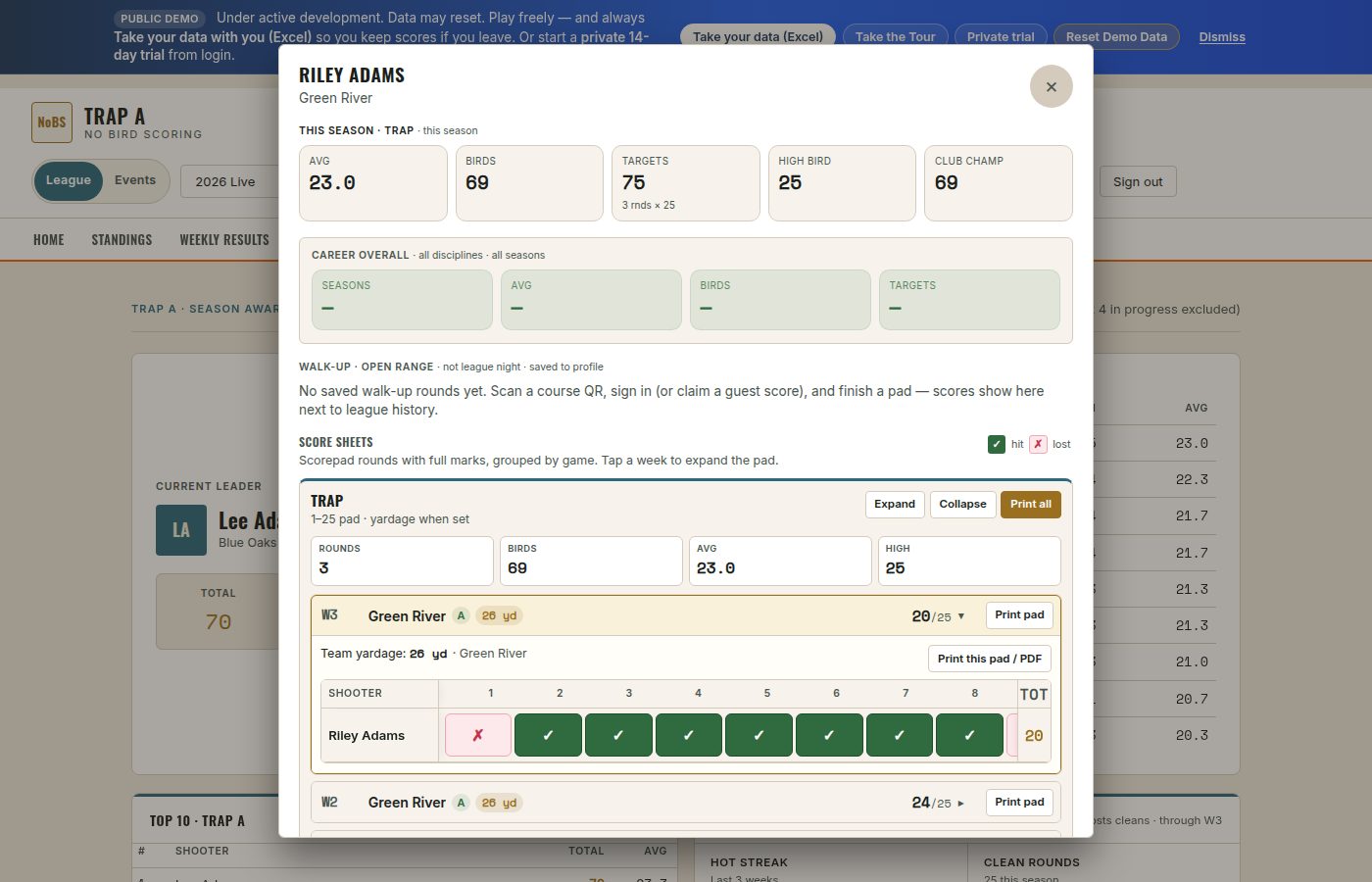 Shooter profile with season stats, score sheets, and print controls